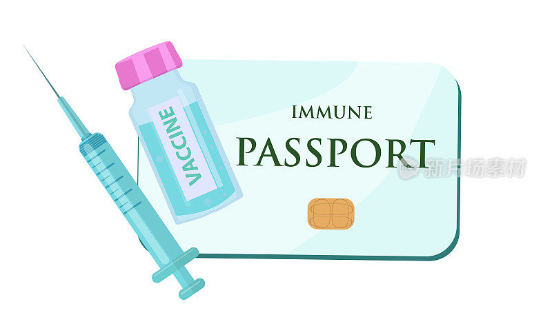 Covid - 19免疫护照，带有检测结果，旅行签证。冠状病毒疫苗接种证明。Sars 2019-nCoV, Covid-19大流行结束。矢量图